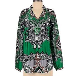 Chico's‎ Paisley Tunic Top Size S/0 Long Sleeve V-Neck Blouse Green Black White